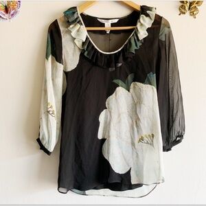 DVF 100% Silk Black and White Floral Blouse